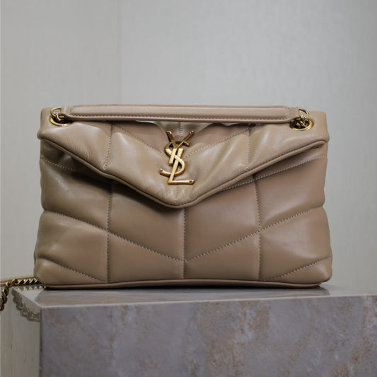 YSL 25S LOULOU PUFFER MM 29 IN BROWN CALFSKIN GOLD HARDWARE