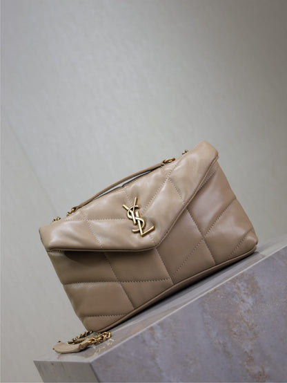 YSL 25S LOULOU PUFFER MINI 23 IN BROWN CALFSKIN GOLD HARDWRE