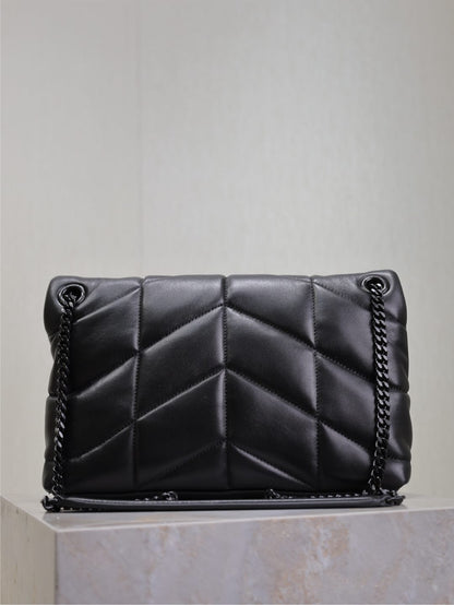 YSL 25S LOULOU PUFFER MM 29 IN BLACK CALFSKIN BLACK HARDWARE