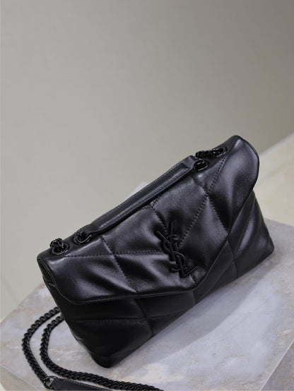 YSL 25S LOULOU PUFFER MINI 23 IN BLACK CALFSKIN BLACK HARDWARE
