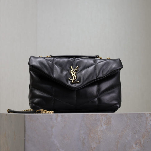 YSL 25S LOULOU PUFFER MINI 23 IN BLACK CALFSKIN GOLD HARDWARE
