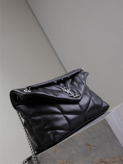 YSL 25S LOULOU PUFFER GM 35 IN BLACK CALFSKIN SILVER HARDWRE