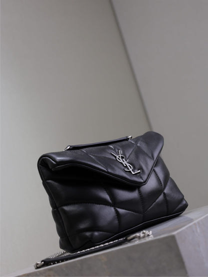 YSL 25S LOULOU PUFFER MINI 23 IN BLACK CALFSKIN SILVER HARDWARE