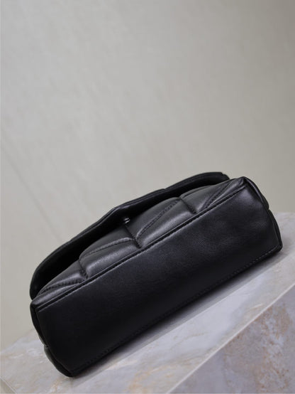 YSL 25S LOULOU PUFFER MINI 23 IN BLACK CALFSKIN SILVER HARDWARE