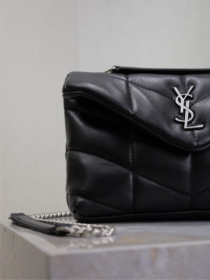 YSL 25S LOULOU PUFFER MINI 23 IN BLACK CALFSKIN SILVER HARDWRE