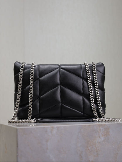 YSL 25S LOULOU PUFFER MINI 23 IN BLACK CALFSKIN SILVER HARDWRE