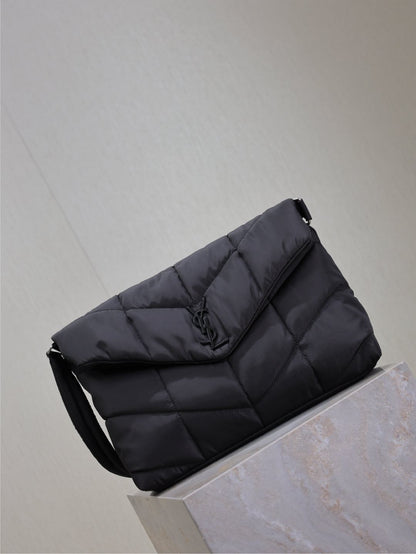 YSL 25S LOULOU PUFFER BAG 34 IN BLACK NYLON SILVER HARDWRE