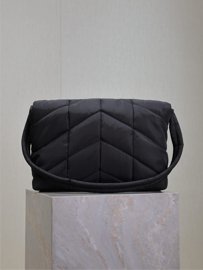 YSL 25S LOULOU PUFFER BAG 34 IN BLACK NYLON SILVER HARDWARE
