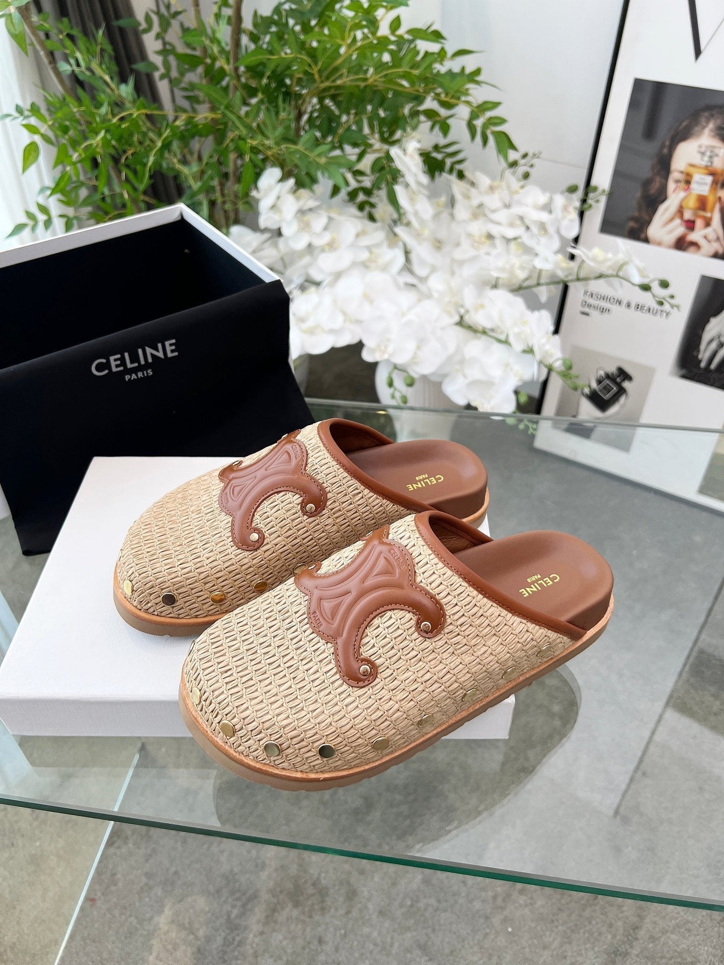 CELINE 26S TRIOMPHE MULES IN BEIGE RAFFIA AND BROWN CALFSKIN