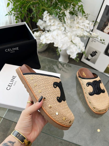 CELINE 26S TRIOMPHE MULES IN BEIGE RAFFIA AND BLACK CALFSKIN