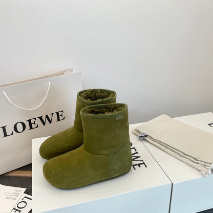LOEWE 26S LAGO ANKLE BOOTS IN OLIVE GREEN SUEDE-SHEARLING