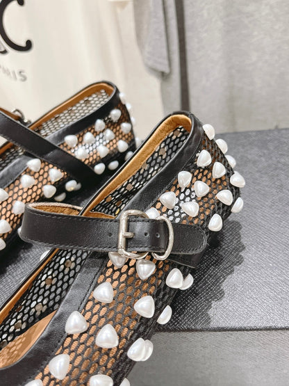 ALAIA PEARL MARY JANE SHOES IN BLACK MIX WHITE MESH AND CALFSKIN