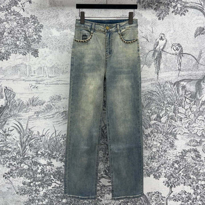 Joewe 25 Chain-decorated Jeans Blue Cotton Fabric