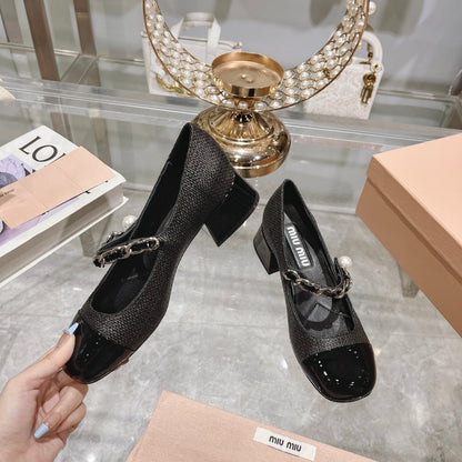 MARY JANE SANDAL CAP TOE BLACK SHEEPSKIN - MID HEEL