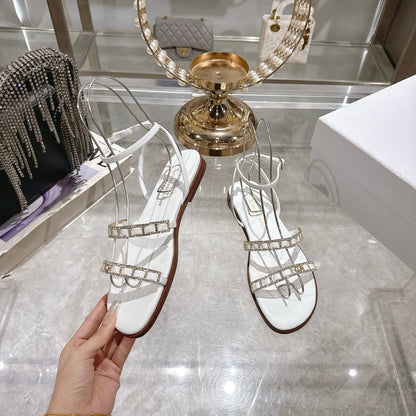 FLAT SANDALS 25S IN WHITE CALFSKIN RHINESTONES STRAP