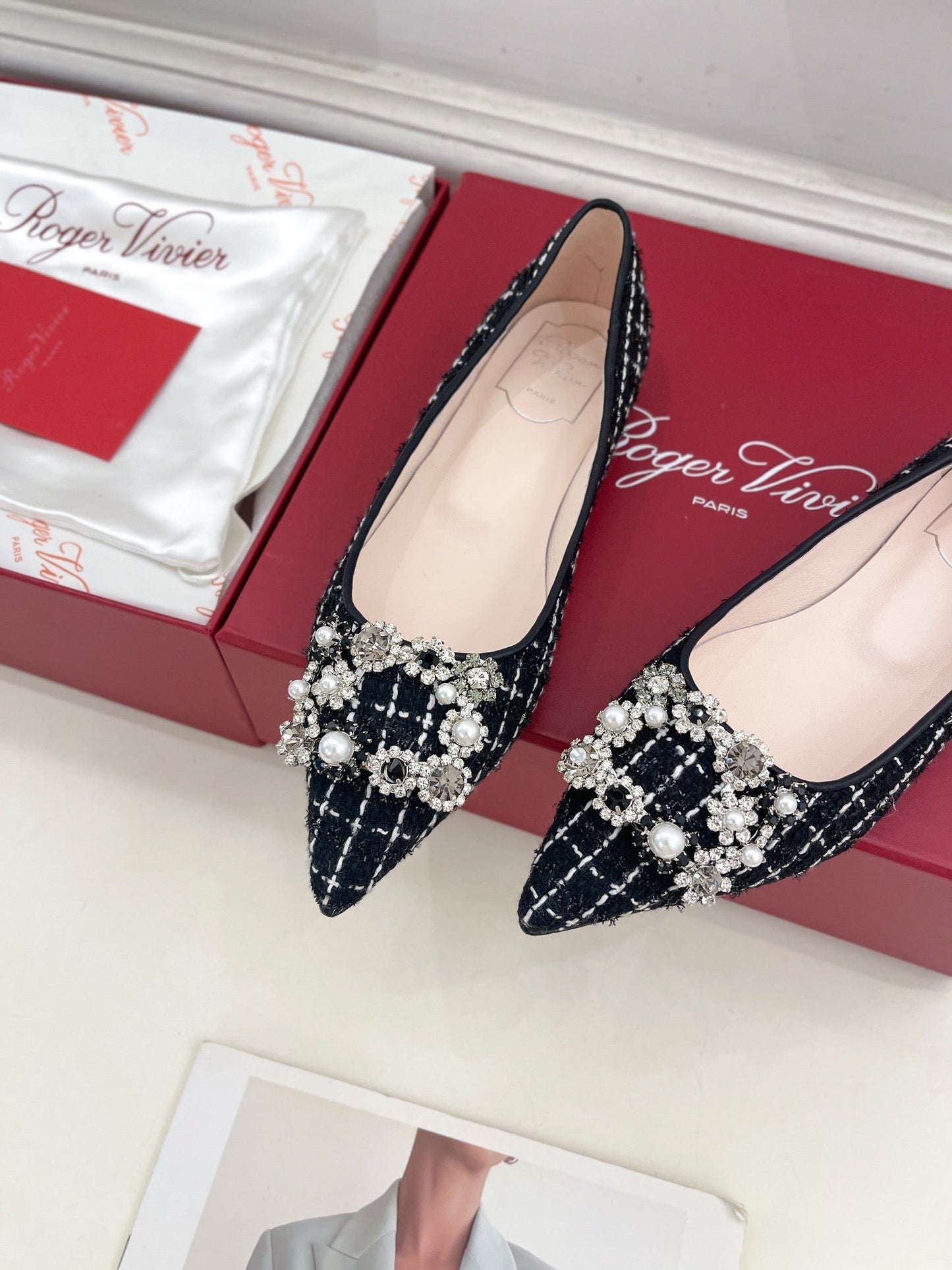 EFFLORESCENCE BALLERINAS IN BLACK TWEED WITH FINE WHITE STRIPES EMBELLISHED CRYSTALS