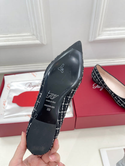 EFFLORESCENCE BALLERINAS IN BLACK TWEED WITH FINE WHITE STRIPES EMBELLISHED CRYSTALS