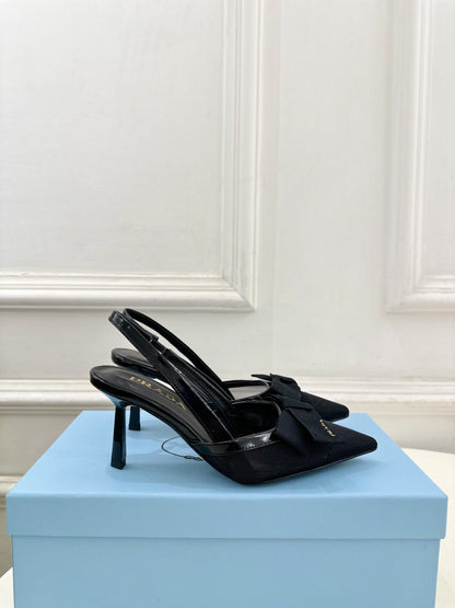 PRADA 26S POINTED-TOE SLINGBACK HEELS 75MM IN BLACK MESH WITH BLACK BOW