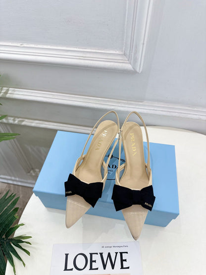 PRADA 26S POINTED-TOE SLINGBACK HEELS 75MM IN BEIGE MESH WITH BLACK BOW