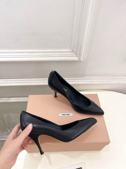 MIUMIU 26S POINTED TOE HIGH HEELS 85MM IN BLACK CALFSKIN