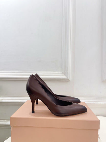 MIUMIU 26S POINTED TOE HIGH HEELS 85MM IN CHOCOLATE BROWN CALFSKIN