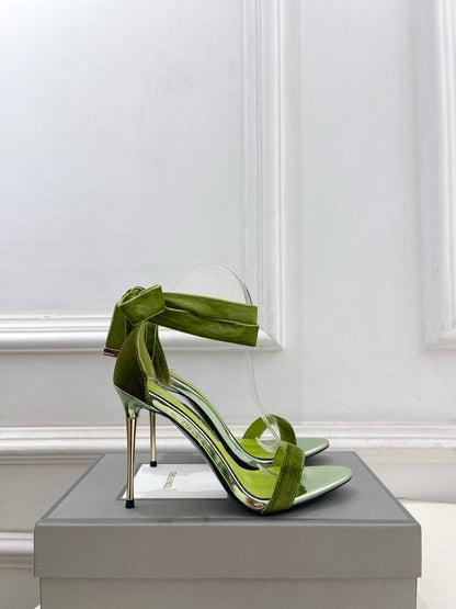 TOM FORD 26S HIGH-HEELED SANDALS 105 MM IN GREEN FABRIC AND CALFSKIN