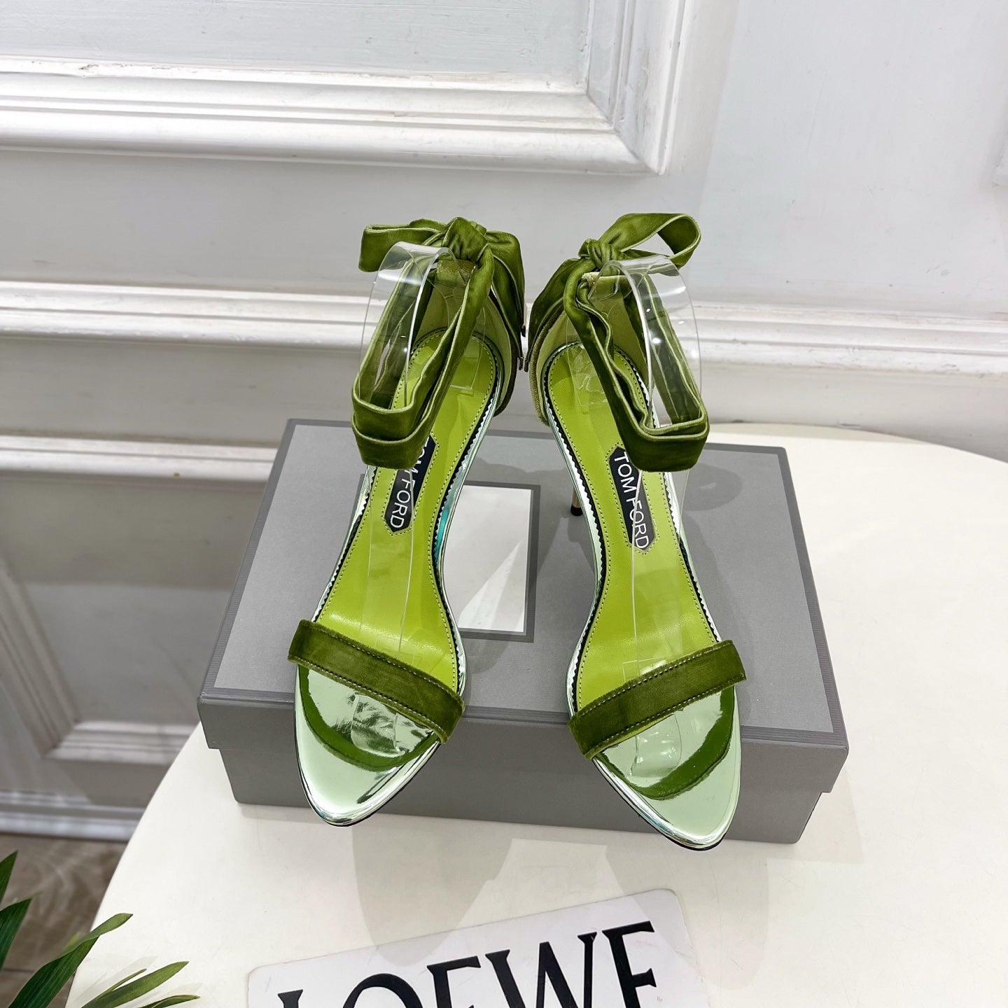 TOM FORD 26S HIGH-HEELED SANDALS 105 MM IN GREEN FABRIC AND CALFSKIN