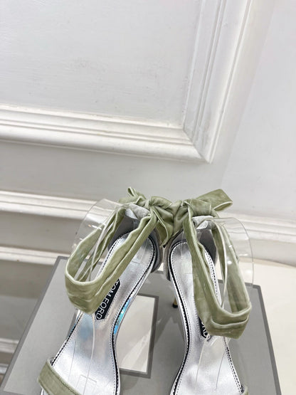 TOM FORD 26S HIGH-HEELED SANDALS 105 MM IN LIGHT GREEN FABRIC AND SILVER CALFSKIN