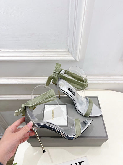 TOM FORD 26S HIGH-HEELED SANDALS 105 MM IN LIGHT GREEN FABRIC AND SILVER CALFSKIN