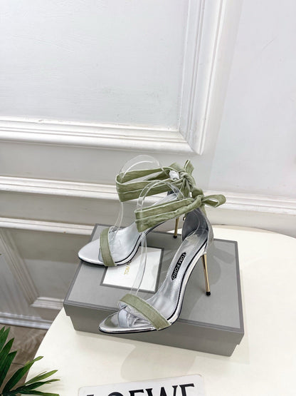 TOM FORD 26S HIGH-HEELED SANDALS 105 MM IN LIGHT GREEN FABRIC AND SILVER CALFSKIN