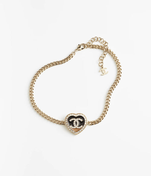 CHANEL 26S DOUBLE C LOGO PAVE CRYSTAL HEART CHAIN BRACELET IN GOLD METAL 633321