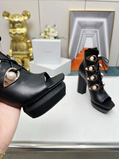 BALMAIN 26S OPEN-TOE BOOTS 115 MM IN BLACK CALFSKIN PEARL-EMBELLISHED