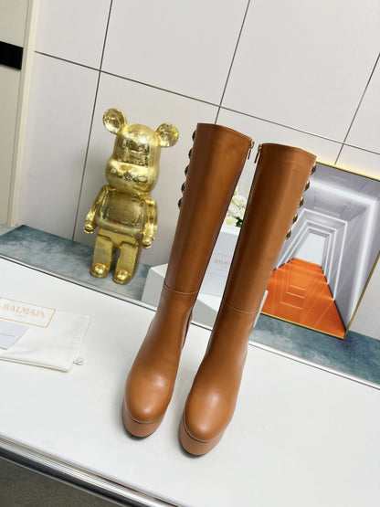 BALMAIN 26S HIGH BOOTS 115 MM IN BROWN CALFSKIN