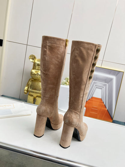 BALMAIN 26S HIGH BOOTS 115 MM IN WARM BEIGE SUEDE