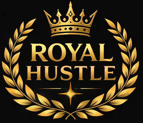Gold 'Royal Hustle' logo with a crown on a black background