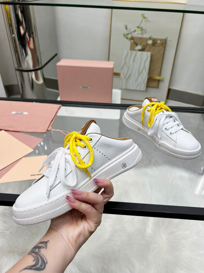SNEAKER MULES IN WHITE MIX BROWN CALFSKIN WHITE  YELLOW LACES