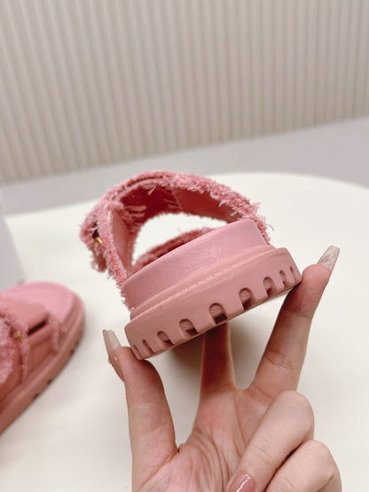 DIOR CLASSIC DOUBLE-STRAP SLIDES 25S IN PEACHY PINK DENIM AND CALFSKIN
